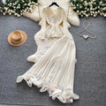 French chic v-neck lace top & high-waisted pleated skirt two-piece set - autumn's elegant & luxurious choice
