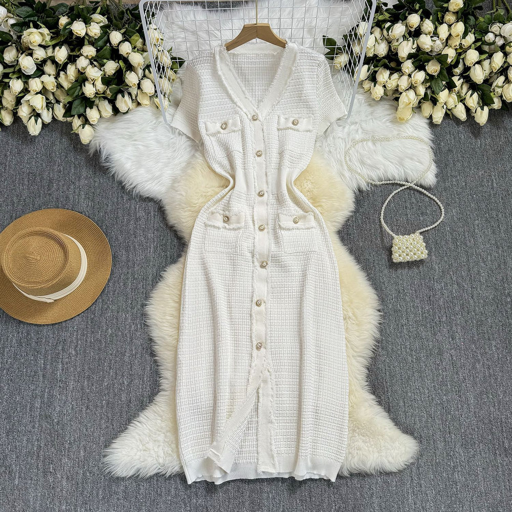 Exportnew arrival summerfrenchstyle short-sleeved waist silmv neckknittingdress women's volleyball button elegant skirt