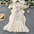 French chic luxury beaded round neck short sleeve lace dress - women's summer slim fit mermaid maxi dress