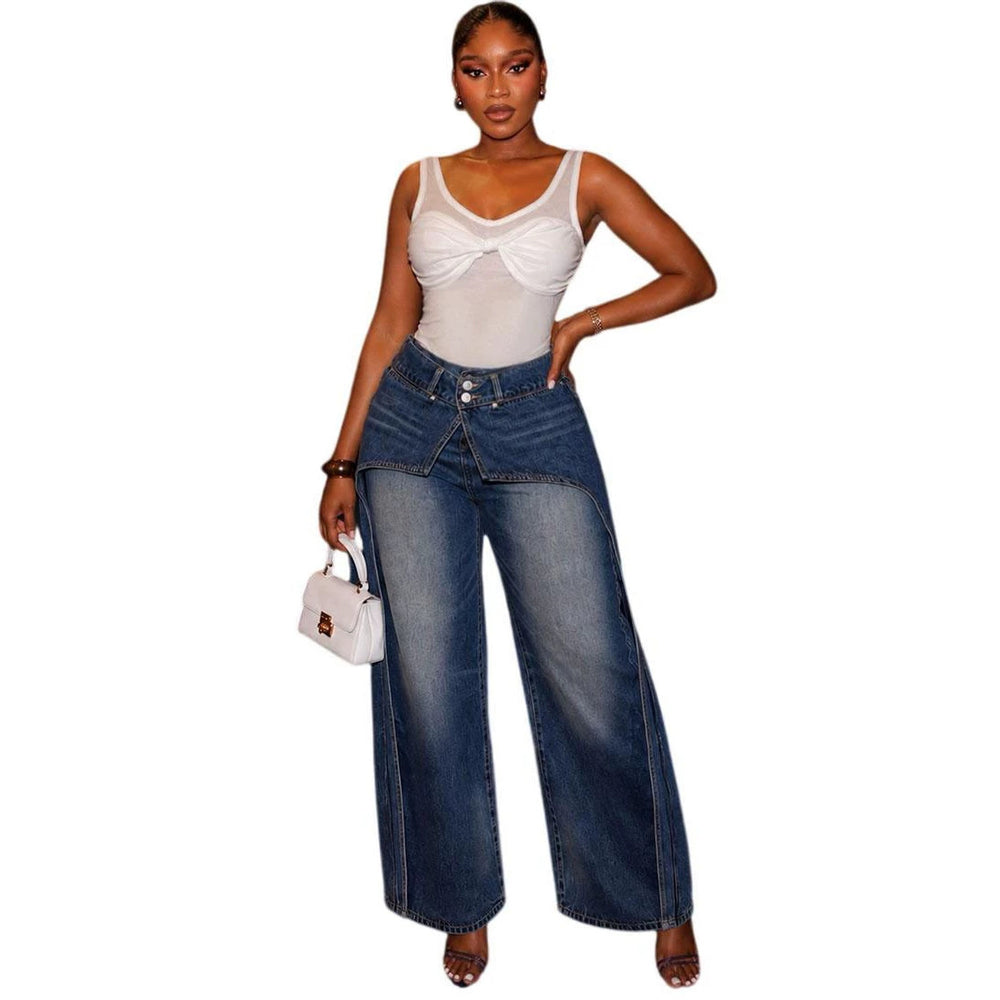 European and american style women's casual denim faux two-piece skirt pants - new  cross-border women's clothing - washed vintage straight-leg pants