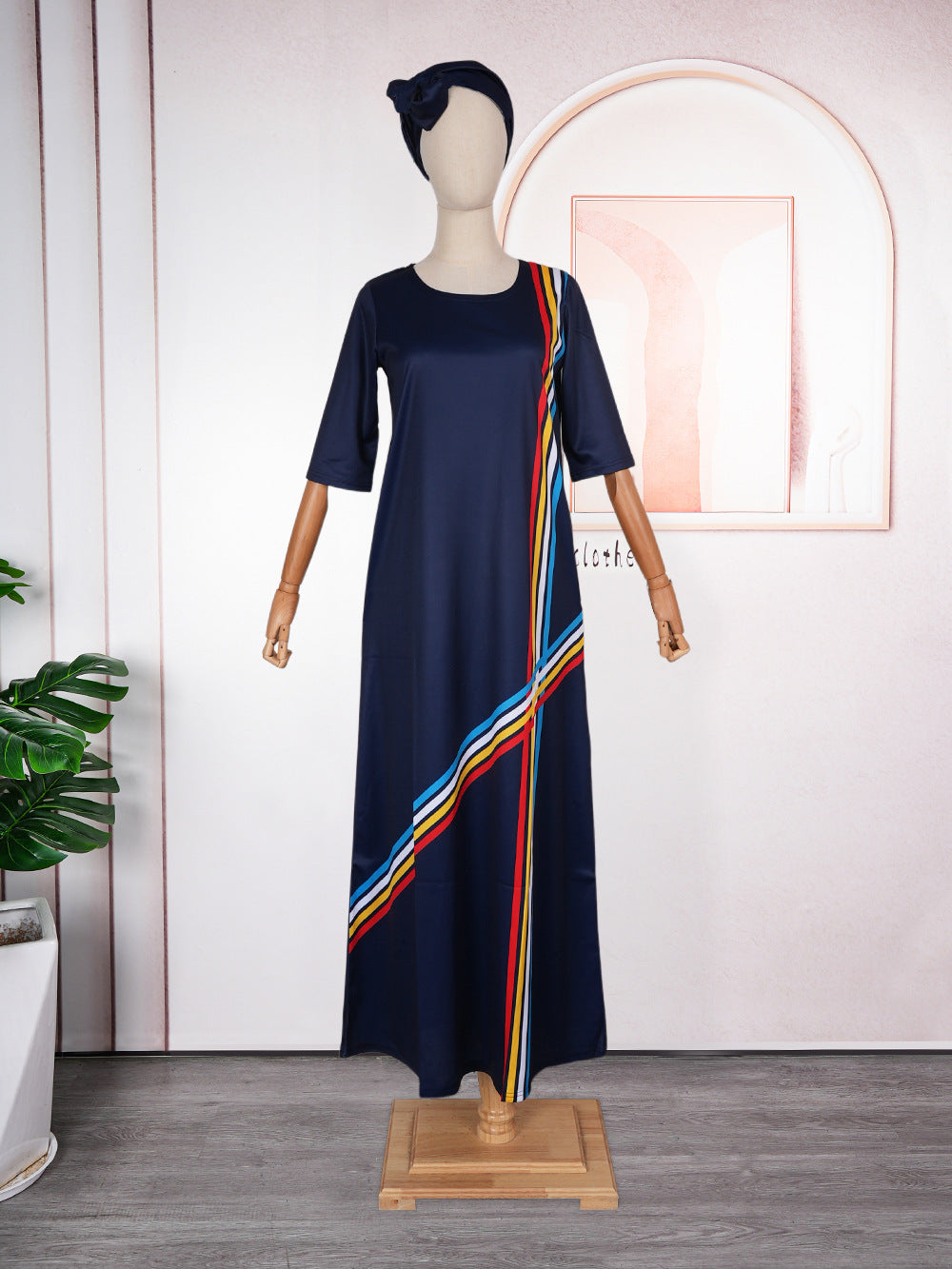 Aliexpress  cross-border supply african plus size european and american women's clothing colorfulstripesdress with headscarf