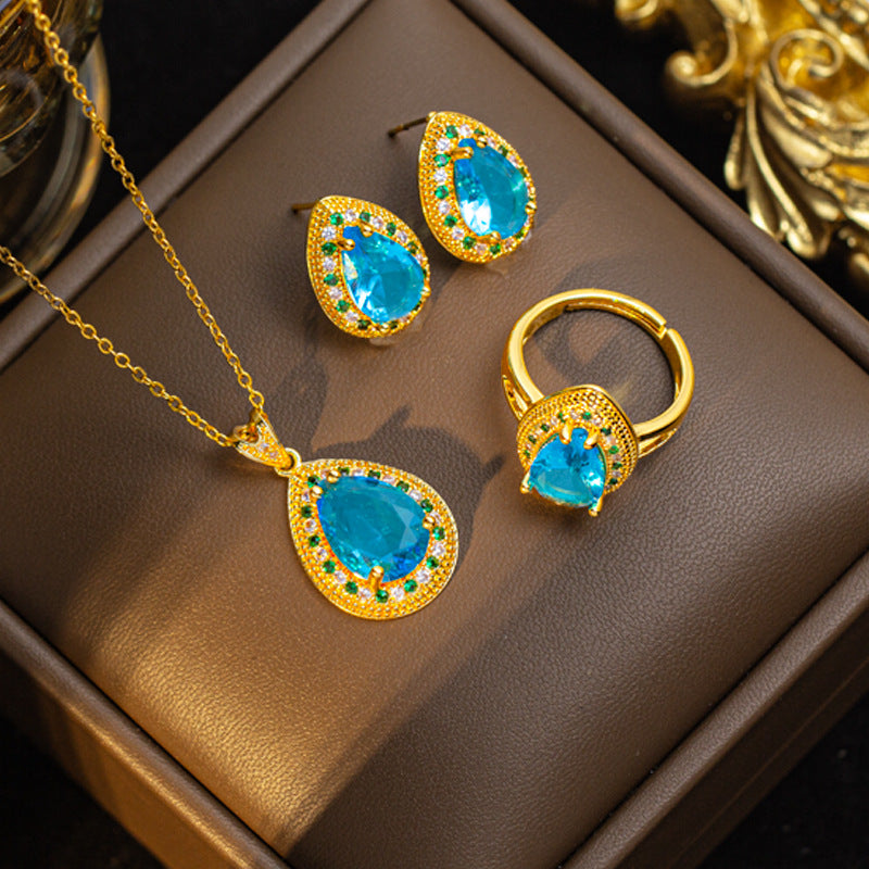 【titanium steel】new blue zircon teardrop luxury necklace and earring set, micro-paved personalized elegant stud earrings and necklace jewelry