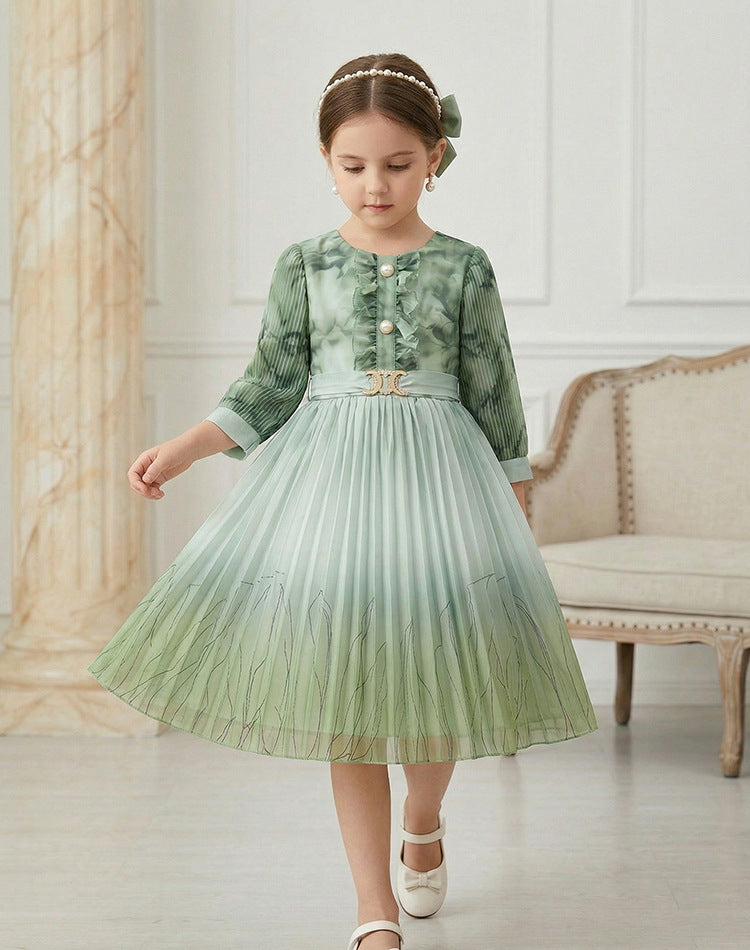 Custom girls' dress - printed floral chiffon a-line skirt - trendy pleated skirt - cross-border children's wear