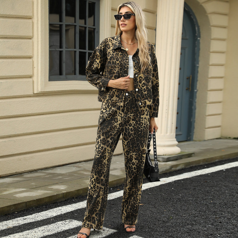 European and american cross-border e-commerce women's fashion: new washed leopard print denim jacket/outerwear for  and independent websites