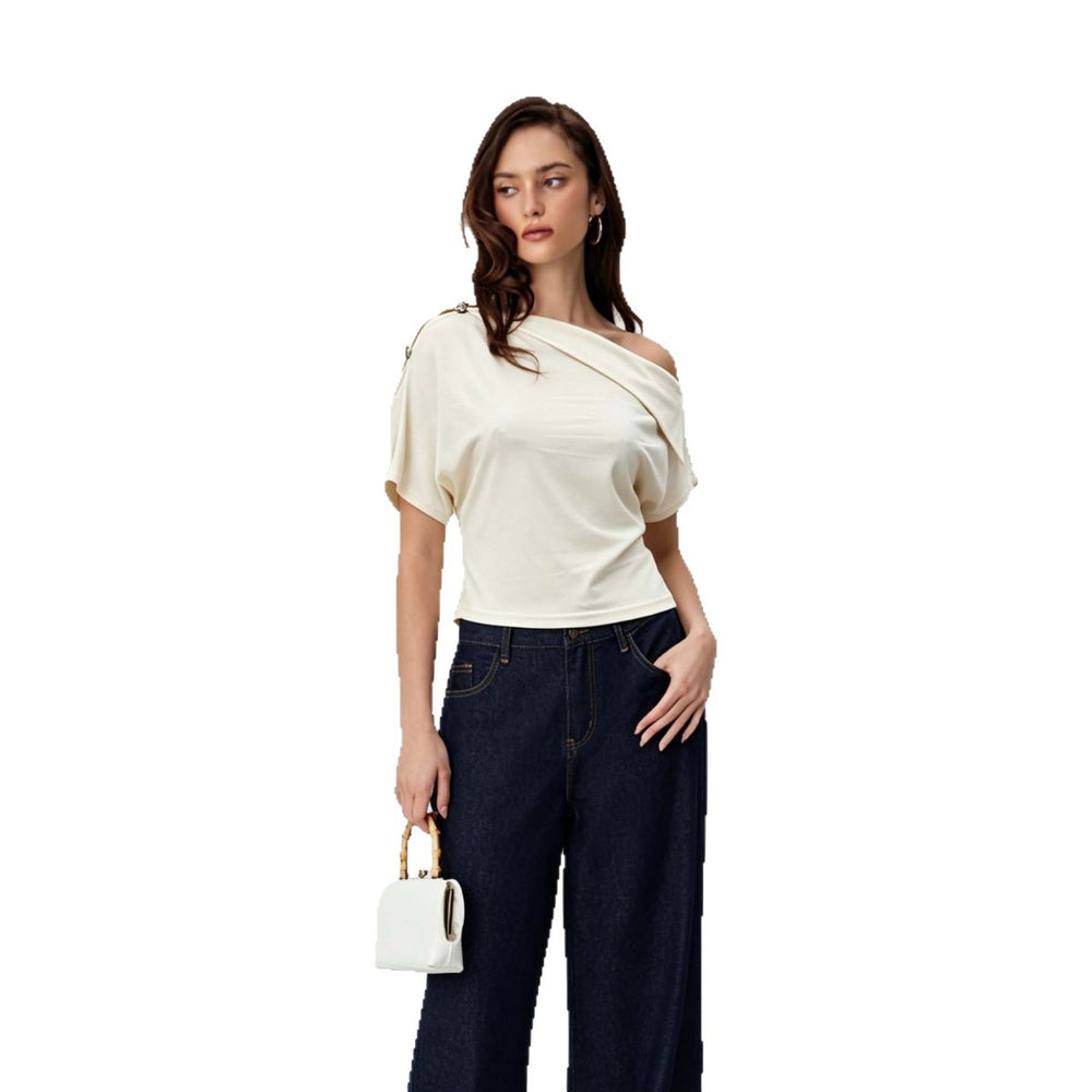 women's off-the-shoulder/one-shoulder top, figure-flattering, slimming, short-sleeved, soft and elegant style, niche design t-shirt