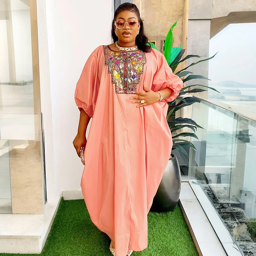 Southeast asia cross-border  sequin appliqué dress african  women's plus size loose robe