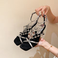 2026 new mesh chain rhinestone high heel square toe gold silver trendy elegant metal open toe sandals for women
