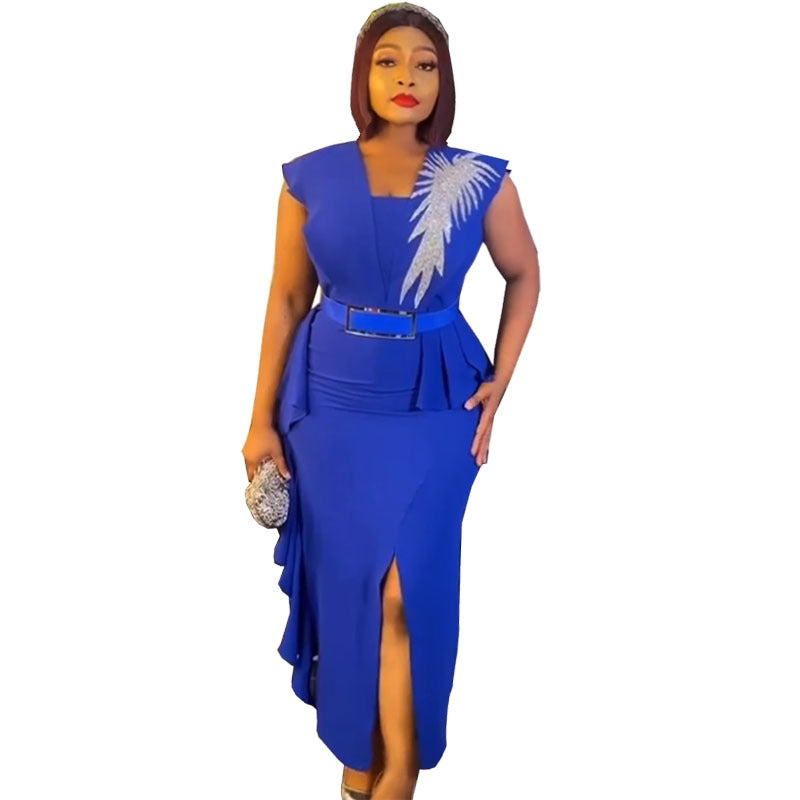 Special offer: african women's slim-fit slit pencil dress with rhinestone and ruffle detail - fashionable sleeveless two-piece look