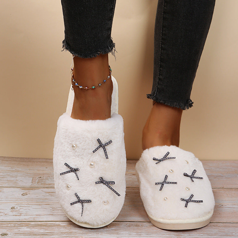 Cute girly ins style cotton slippers for women indoor flatsfor homeheattechfall and winterbowspopular furry slippers
