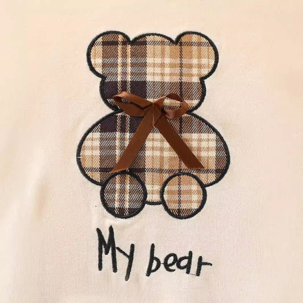 Autumn cross-border girls' sweatshirt - teddy bear, plaid, bow, crew neck, long sleeve top - kids' pullover