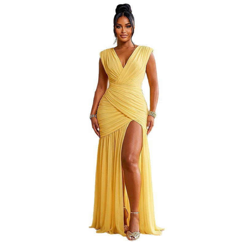 Women's sleeveless v-neck bodycon mini dress with ruched detail and asymmetrical slit - autumn  new arrivals for european and american export