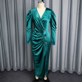 European and american style satin v-neck puff sleeve dress - buttoned, ruched, cinched waist, slit, slim-fit banquet gown dress