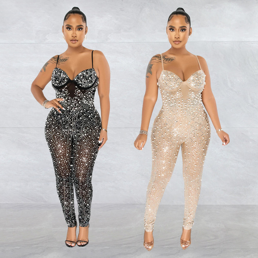 C6272 cross-border   fashion women's solid color mesh rhinestone sleeveless pants jumpsuit
