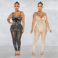 C6272 cross-border   fashion women's solid color mesh rhinestone sleeveless pants jumpsuit