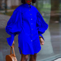 D165 european and american  summer plus size loose puff sleeve solid color slit lapel long sleeve shirt dress cross-border dress
