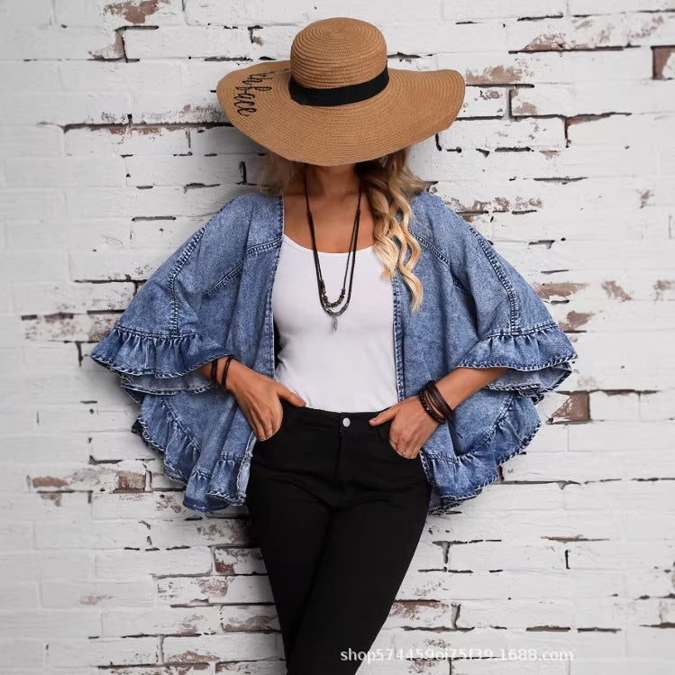 Amazon tiktok pinduoduo foreign trade cross-border fashion women's ruffles sleeve denim cardigan washed outwear
