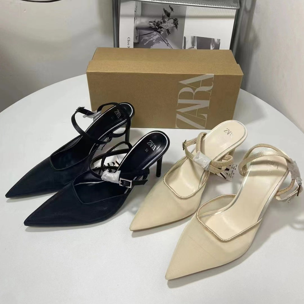 Za new arrivals 2024: spring/summer french-style high heels - stiletto, pumps, mesh paneling, back strap, black & pink fashion