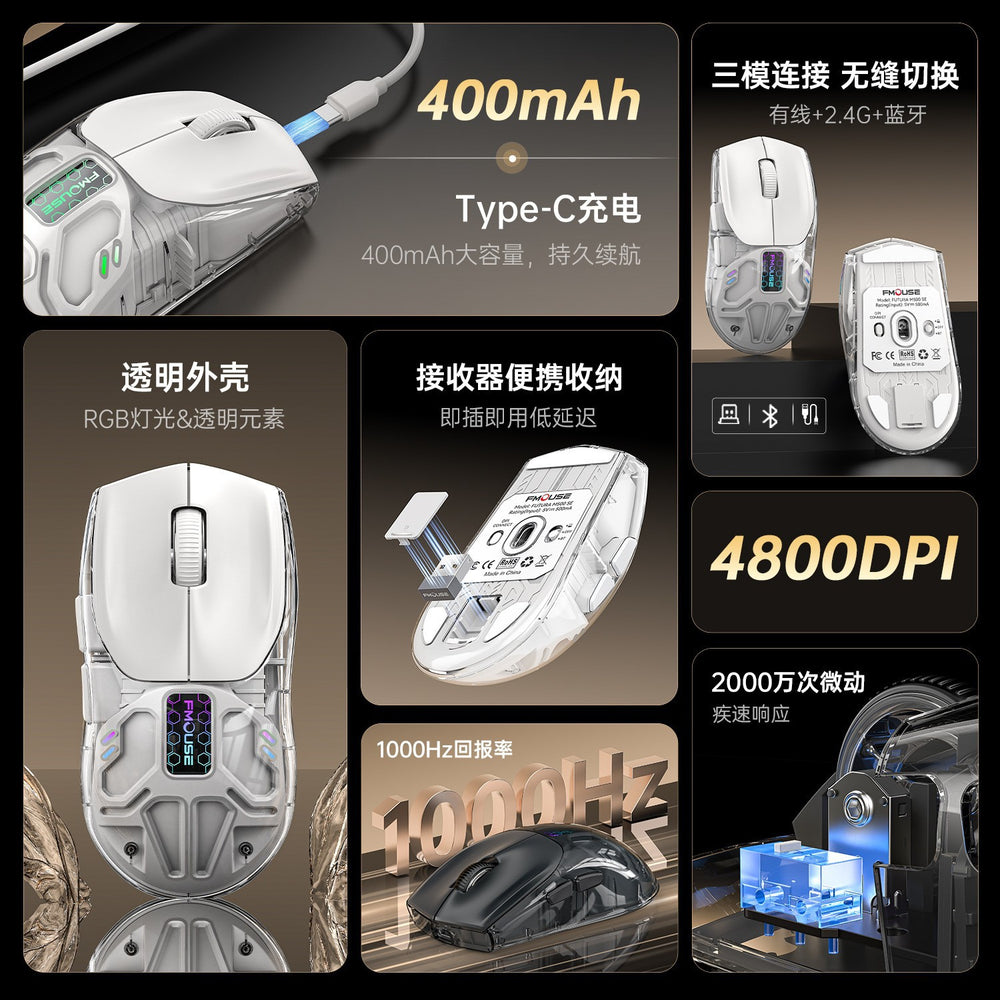 Tiger cat m500 tri-mode wireless mouse - bluetooth transparent gaming, esports, laptop, office ergonomic mouse