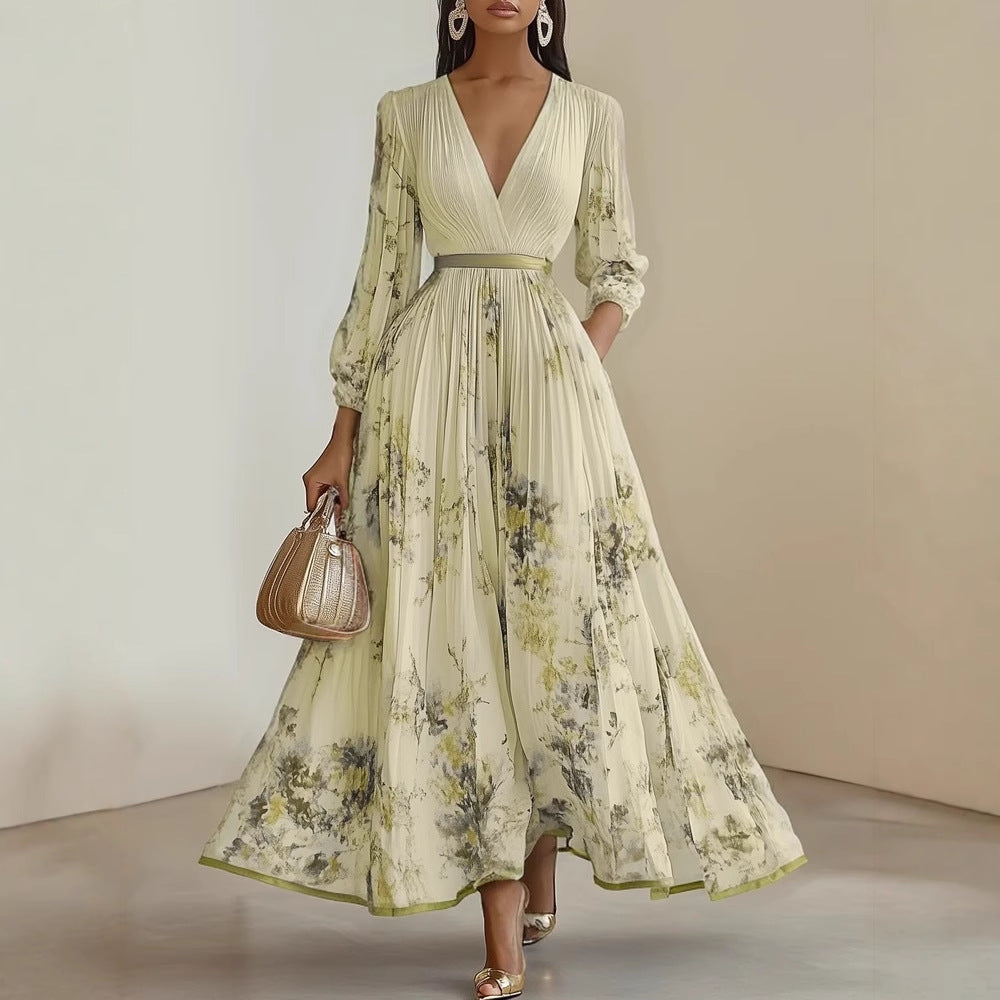 cross-border european and american women's clothing: new autumn fashion casual printed v-neck pleated a-line maxi dress