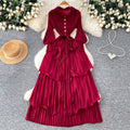 K-style lantern sleeve dress women's waist strap rufflespleated cake skirt slimming look long skirt