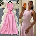 French chic high-end beaded sleeveless dress - women's slimming a-line knit maxi dress with round neck