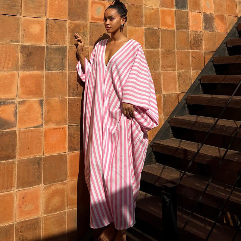 European and american plus-size women's clothing:  autumn new arrivals - stylish and chic vacation-ready pink striped maxi dress