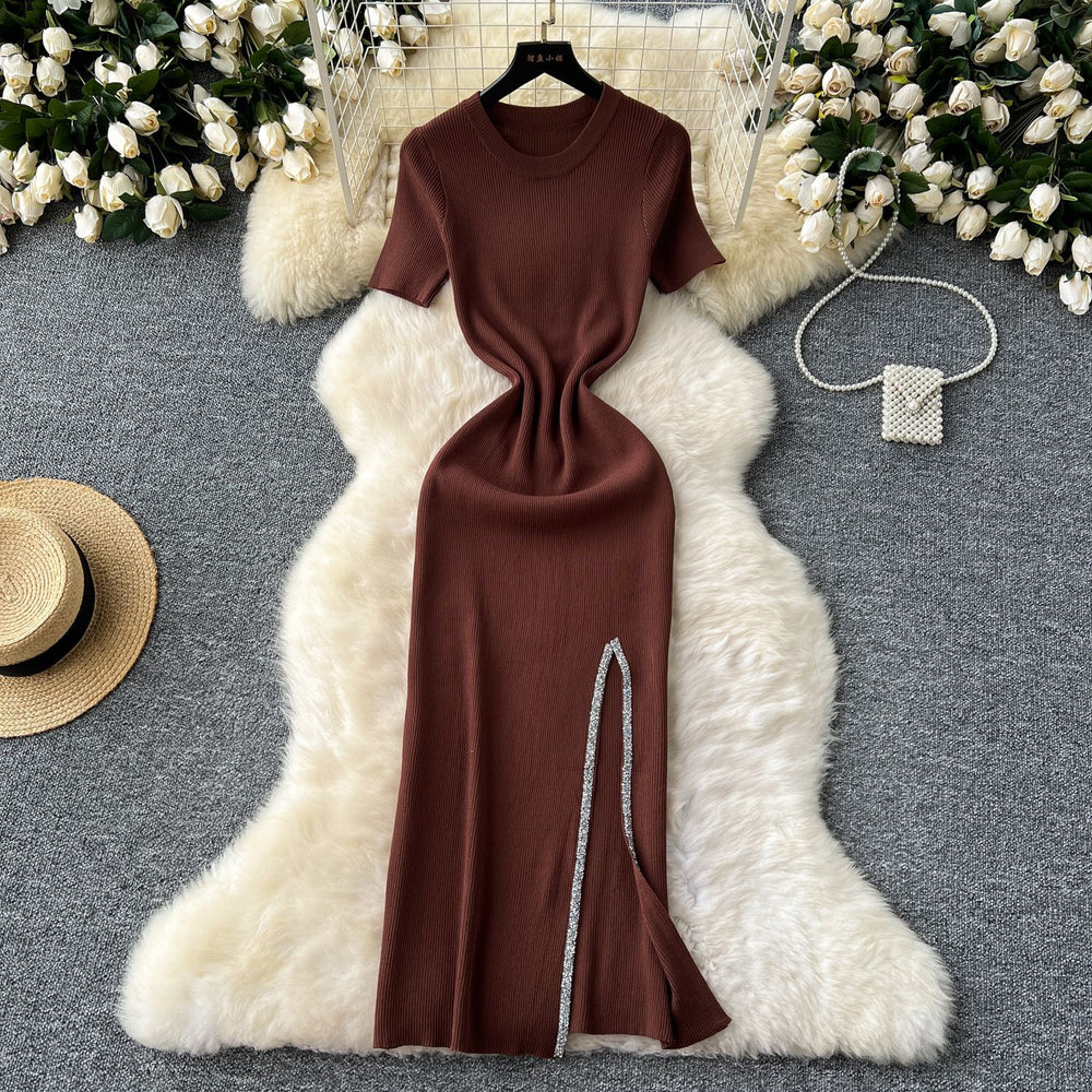Elegant and chic sequin-embellished midi knit dress for women - summer collection: sexy, slim-fit, round neck, short sleeves, and a flattering slit