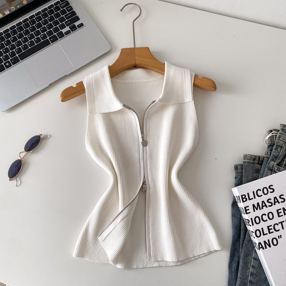 Korean style commute chic: women's summer slim-fit sleeveless knit vest with polo collar and zipper detail