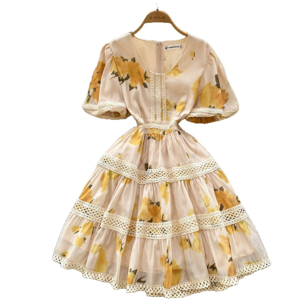 French chic luxury printed bubble sleeve dress - women's summer mesh cutout midi dress