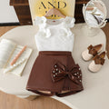 cross-border girls' fashion: european & american style floral solid top + irregular bowknot beaded leather skirt