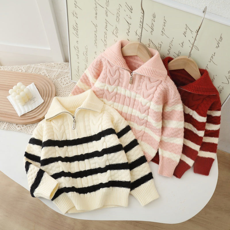 Kids' fall/winter korean style striped sweater cardigan - girls' knitted open front top with zipper detail