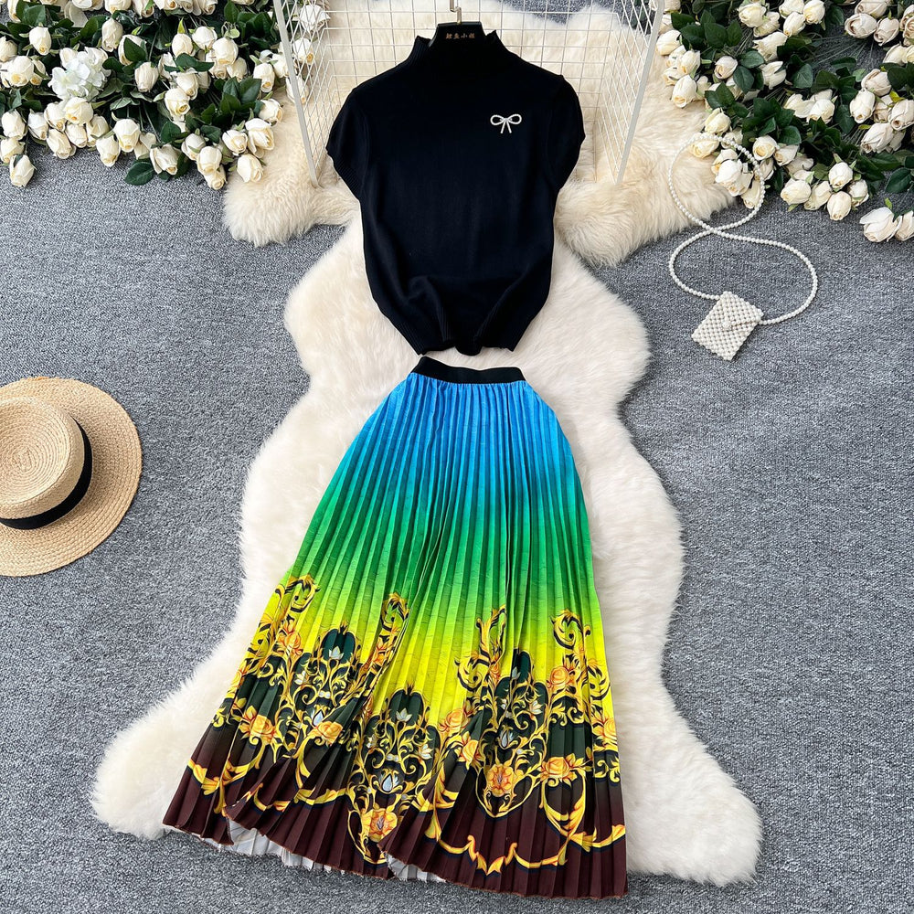 Fashion light mature style two-piece set women's high collar short-sleeved knittingtopshigh waistprintingpleated skirtsuit