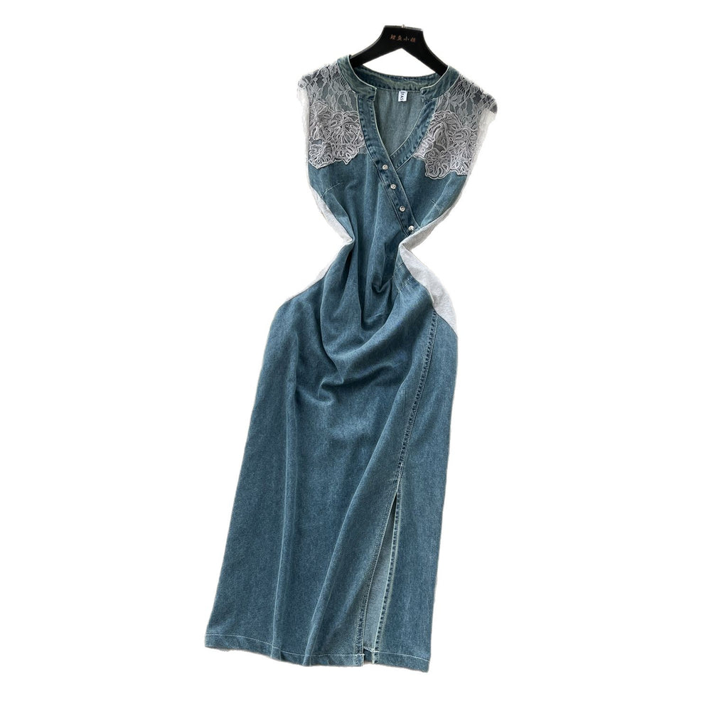Sophisticated style niche styleretrov necklacepatchwork short-sleeved waist denim dress women's summer silm slit long skirt
