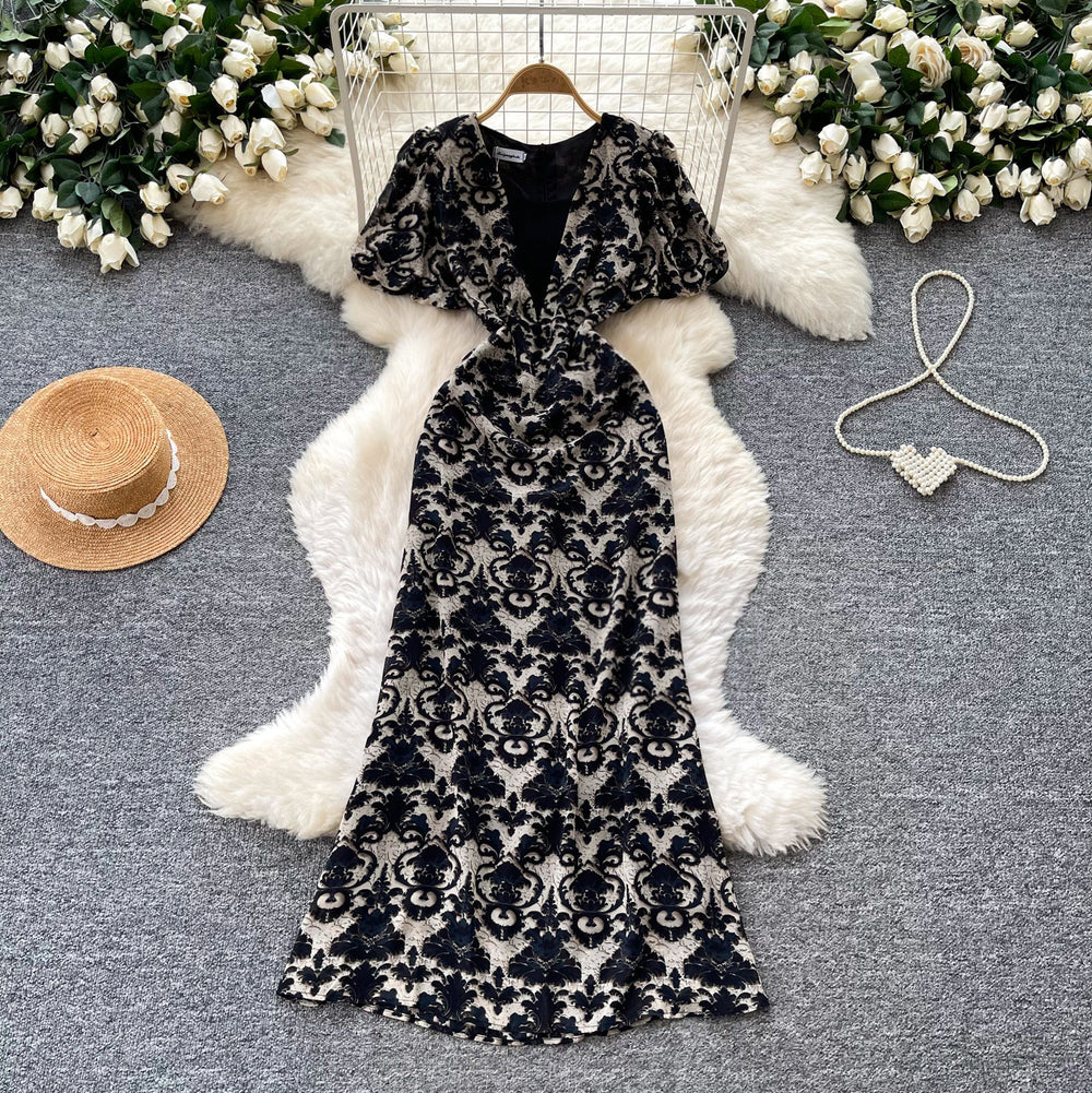 French retro print minimalist dress - women's summer design, v-neck, cinched waist, slim fit maxi dress - commute chic