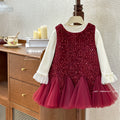 Girls' dress  winter collection: stylish and chic red fleece-lined vest dress, warm long-sleeve set