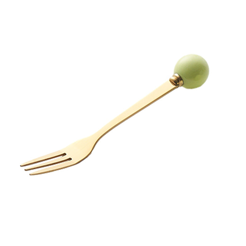 Simple macaron glazed ceramic handle fruit fork creative stainless steel fork spoon high-value home dessert spoon