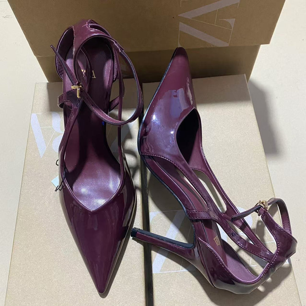 Za2024autum pointed toe burgundy high-heeled sandals thin heel back strap daily easiest for match whitening high-heeled sandals for women