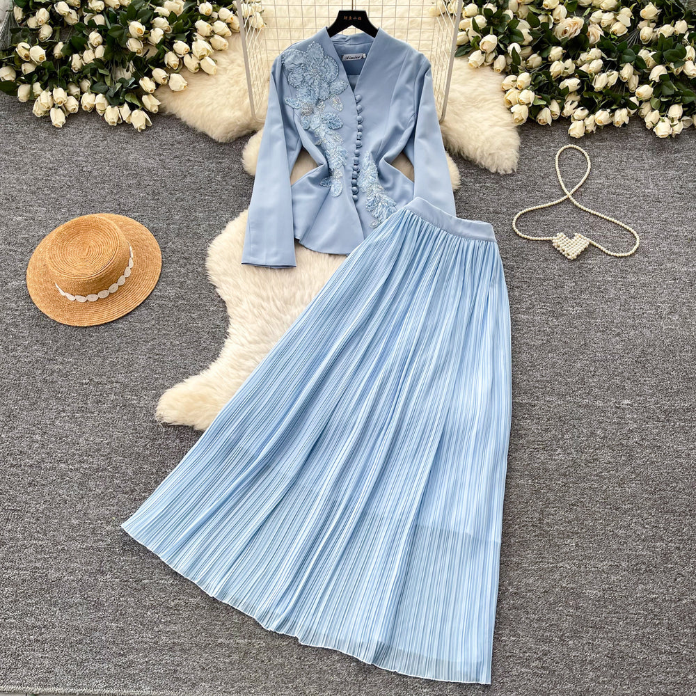 French chic v-neck embroidered jacket & high-waisted pleated skirt set - slimming, elegant, and stylish two-piece outfit for spring and autumn