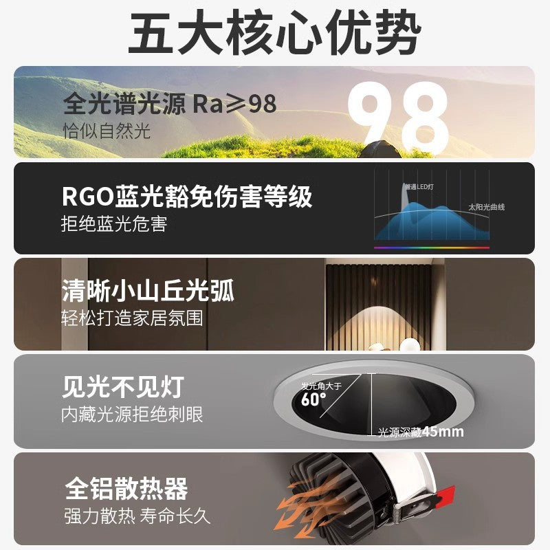 Full spectrum anti-glare spotlight led embedded ceiling light without main downlight living room ceiling opening 8/9/10/12cm