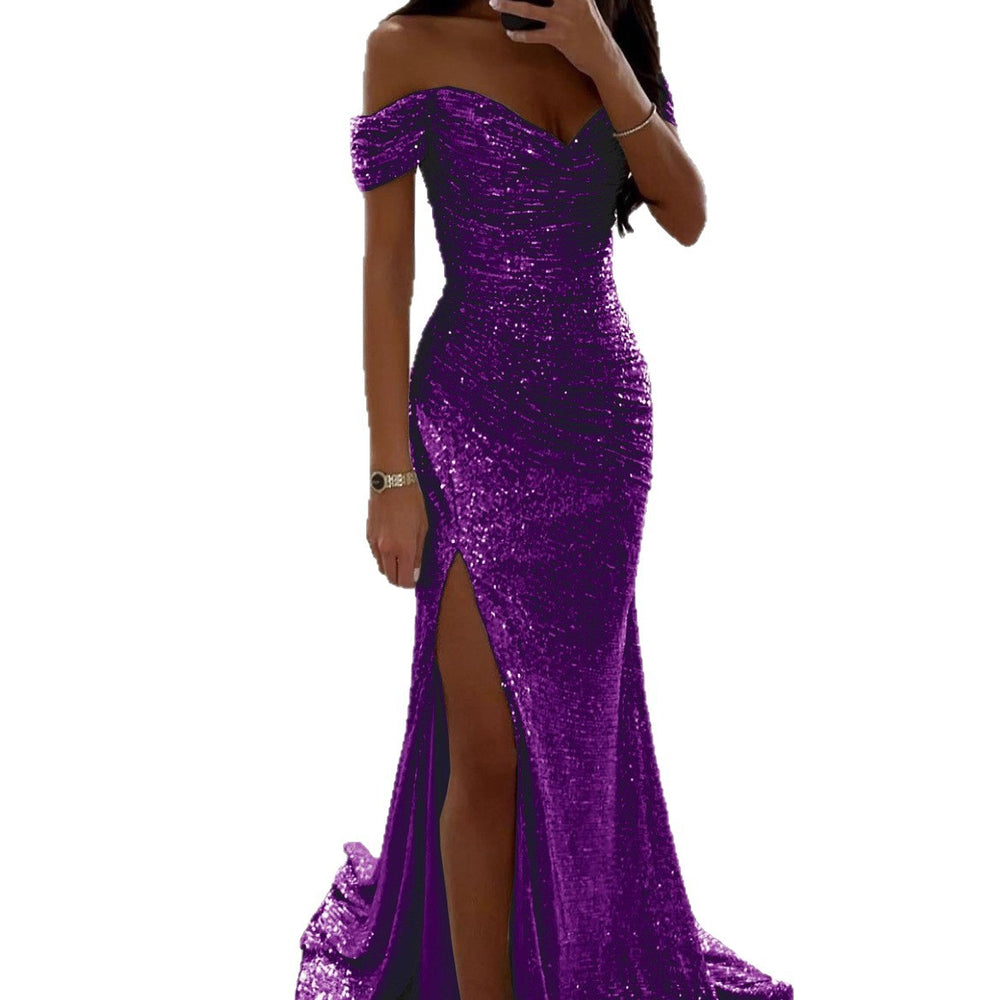 european and american new arrival sequin off-the-shoulder slit dress - ins casual fashion women's dress