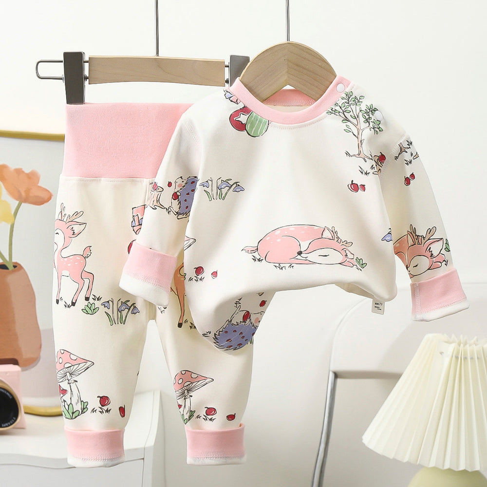 Kidsa type pure cotton boneless cartoon plaidintimates partial placket suit pajamas baby round neck autumn clothes high waist autumn pants