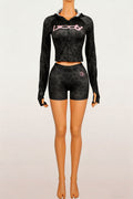 New ins trendy printed sporty stretch zip-up hoodie and shorts two-piece set for women