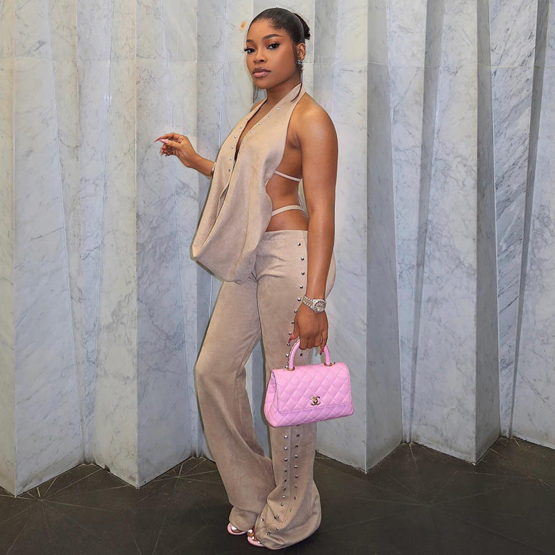 European and american cross-border women's fashion:  spring new arrivals - sexy halter neck open back top and flared leg pants set