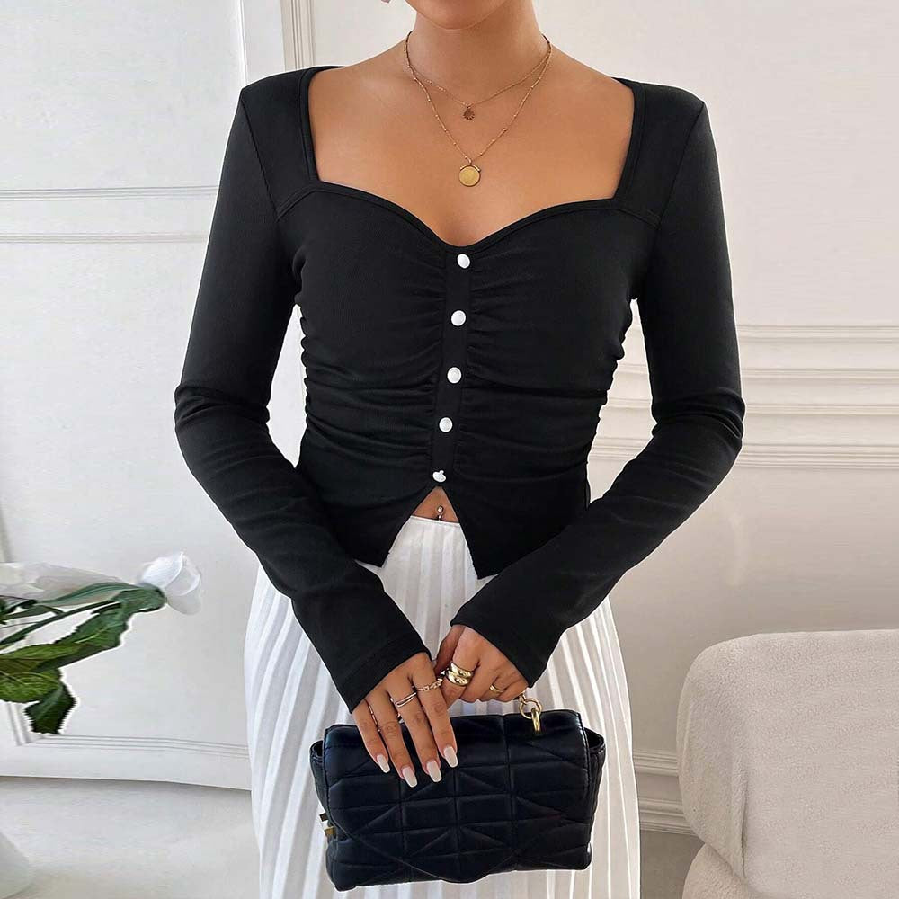 Amazon cross-border european and american women's clothing french chic square neck t-shirt - spring/summer elegant high-end slim fit top