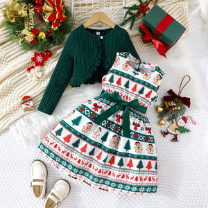 christmas girls' outfit: gingerbread man & christmas tree print dress + green ruffle knit cardigan