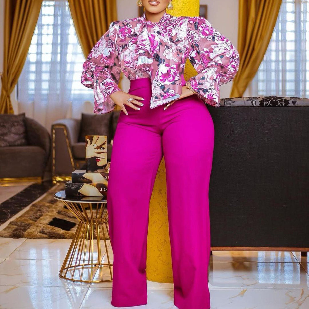 Q070 autumn/winter african women's loose plus size casual printed long sleeve shirt and wide leg pants two-piece set (cross-border)