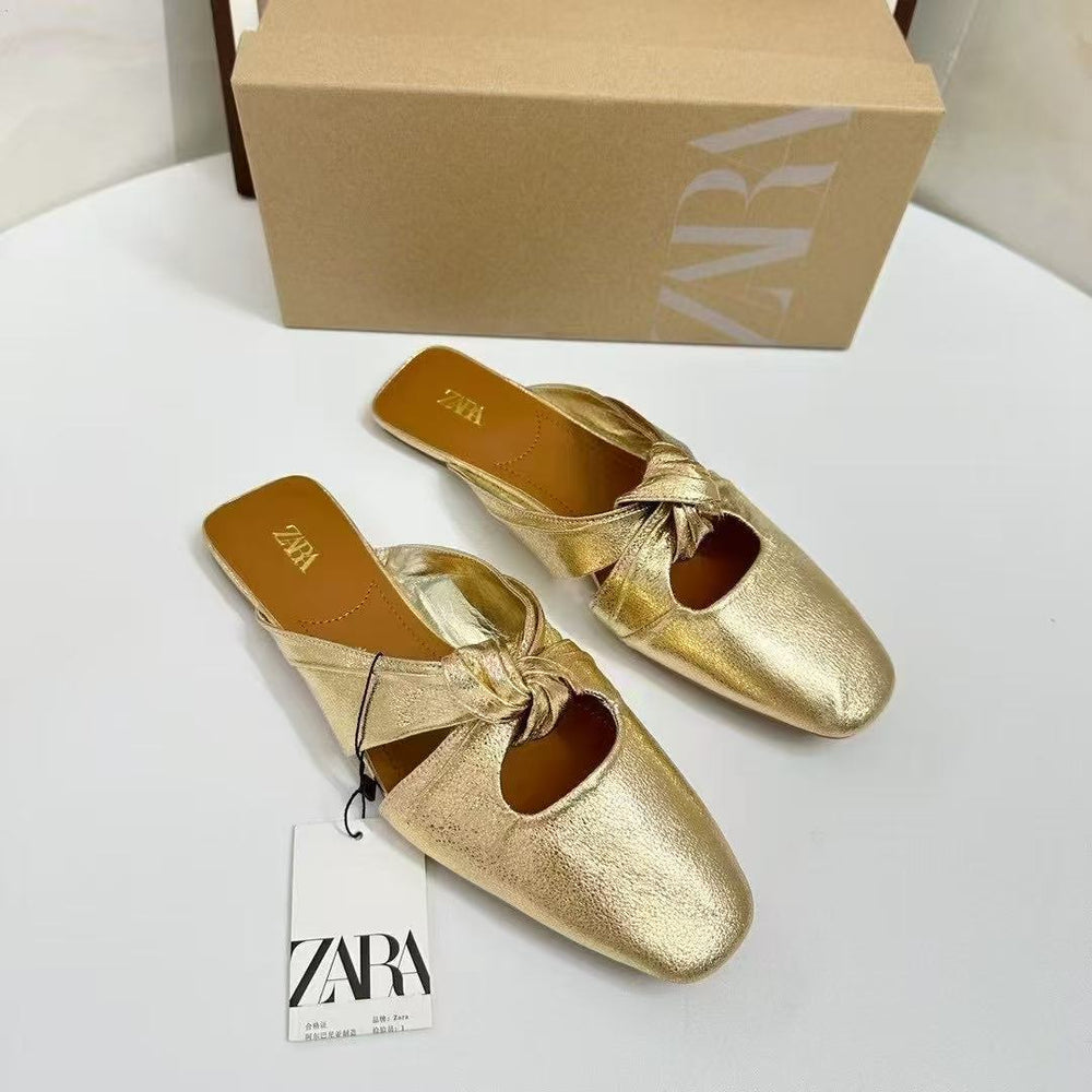 Za women's shoes spain 2025 autumn closed-toe gold knot detail flat backless fashion shoes