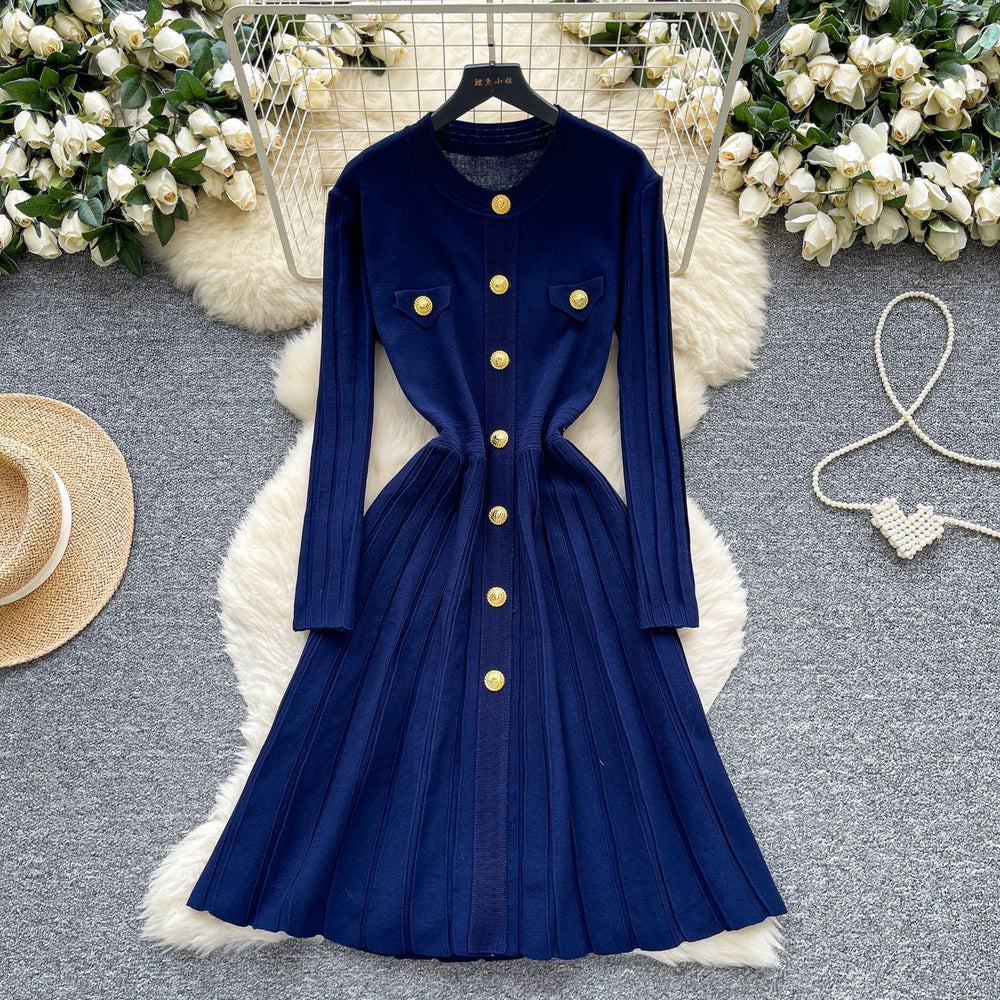 Classysense niche stylefrenchretro metal buckle waist slimming look round neck long sleevessweaterdress women's bottom long skirt
