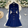 Classysense niche stylefrenchretro metal buckle waist slimming look round neck long sleevessweaterdress women's bottom long skirt