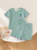 Baby clothing kids set children outfit green stripes short-sleeved t-shirt + shorts